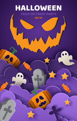Happy Halloween party posters & brochure background in paper cut style.