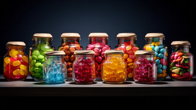A row of colorful jars filled with candy