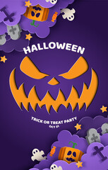 Happy Halloween party posters & brochure background in paper cut style.