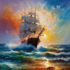 Obraz premium ship in the ocean, painting of ship in the sea, vibrant colors painting of ship in the sea