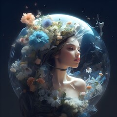 宇宙を思わせる空間で透明な球体を背後に何かを語りかけようとしている花をまとった神秘的で美しい女性