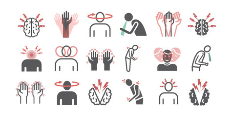 Concussion. Symptoms, Treatment. Line icons set. Vector signs for web graphics. - obrazy, fototapety, plakaty