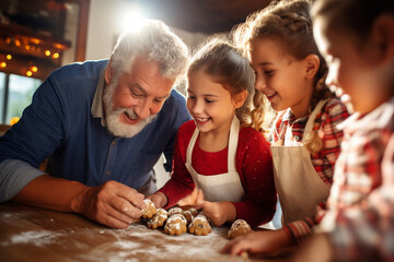 Grandparents teaching their grandchildren how to bake homemade cookies for the holidays, symbolizing the love and creation of delicious family traditions, love and creation - obrazy, fototapety, plakaty