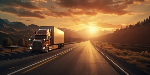 Sunset highway. Journey of freight transportation. Delivering future. Cargo trucks in motion. On road. Logistics and trucking industry. From dusk till dawn. World of cargo - obrazy, fototapety, plakaty
