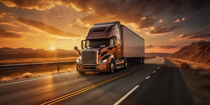 Sunset highway. Journey of freight transportation. Delivering future. Cargo trucks in motion. On road. Logistics and trucking industry. From dusk till dawn. World of cargo