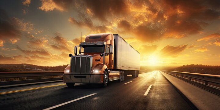 Sunset highway. Journey of freight transportation. Delivering future. Cargo trucks in motion. On road. Logistics and trucking industry. From dusk till dawn. World of cargo