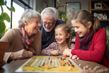 Grandparents and grandchildren engaging in a friendly board game competition, illustrating the love and creation of fun and bonding activities, love and creation - obrazy, fototapety, plakaty