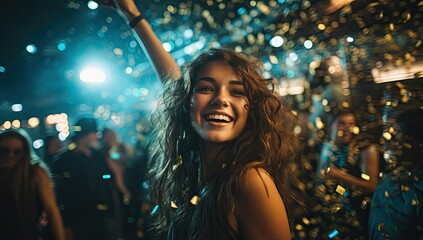 young girl dancing and celebrating at night club dancefloor