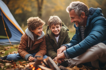 A family camping trip with grandparents sharing their knowledge of the great outdoors with the younger generation, love and creation - obrazy, fototapety, plakaty
