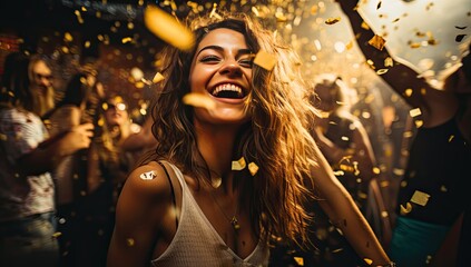 young girl dancing and celebrating at night club dancefloor - obrazy, fototapety, plakaty