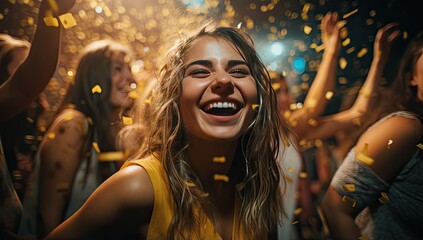 young girl dancing and celebrating at night club dancefloor