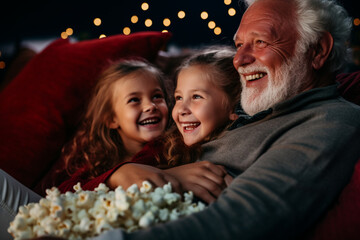 Obraz na płótnie Canvas A family movie night with grandparents sharing their favorite classic films with the younger generation, love and creation