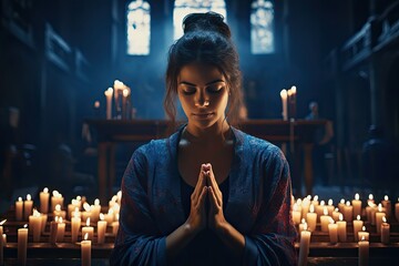 Beautiful young woman praying in the church 