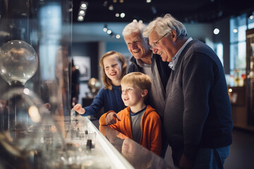 Grandparents and grandchildren exploring a science museum, nurturing a love for learning and discovery, love and creation