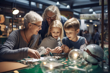 Grandparents and grandchildren exploring a science museum, nurturing a love for learning and discovery, love and creation - obrazy, fototapety, plakaty