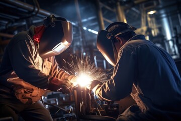 Specialized welder working on the construction of a ship in a shipyard, showcasing the precision and expertise required in shipbuilding. Generative Ai