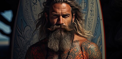 male surfer beach enthusiast poses with surfboard
