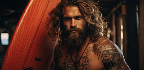 male surfer beach enthusiast poses with surfboard