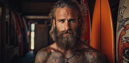 male surfer beach enthusiast poses with surfboard