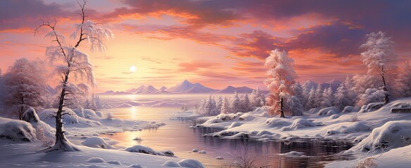 Winter lake beside the forest landscape.