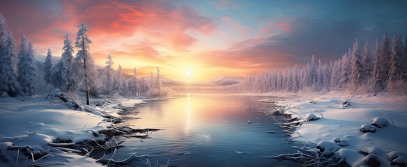Winter lake beside the forest landscape.