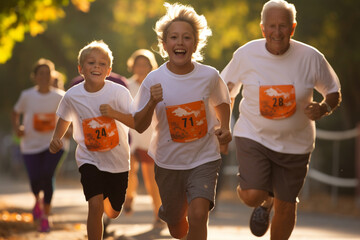 Grandparents and grandchildren participating in a charity run or walk event, emphasizing the love and creation of giving back to the community, love and creation - obrazy, fototapety, plakaty