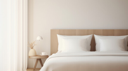 Fototapeta na wymiar Contemporary Comfort: Minimalist Hotel Bedroom with Natural Lighting and Warm Wooden Accent