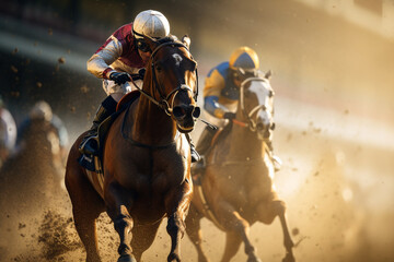 Fototapeta na wymiar The energy and excitement of a horse race as jockeys and their mounts dash towards the finish line, illustrating the love and creation of thrilling equestrian competitions, love an