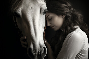 A horse's gentle nuzzle towards their rider, expressing the love and creation of affectionate equine companionship, love and creation - obrazy, fototapety, plakaty