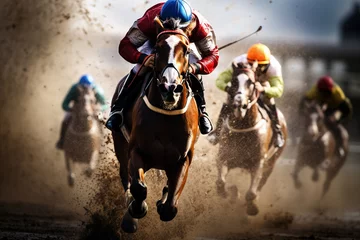 Foto op Aluminium The energy and excitement of a horse race as jockeys and their mounts dash towards the finish line, illustrating the love and creation of thrilling equestrian competitions, love an © Лариса Лазебная
