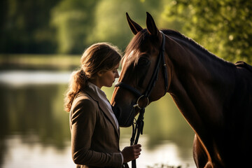 Obraz premium A rider's serene reflection as they bond with their horse in a quiet moment, showcasing the love and creation of introspective equestrian experiences, love and creation