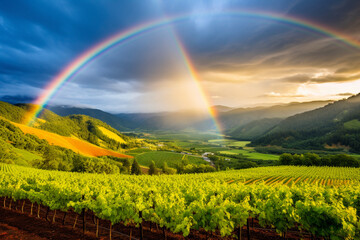Fototapeta premium The vibrant colors of a rainbow arching over a lush landscape, symbolizing the love and creation of a harmonious Earth, love and creation