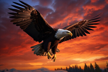 The majesty of a soaring eagle against a vivid sunset sky, illustrating the love and creation of Earth's diverse wildlife, love and creation