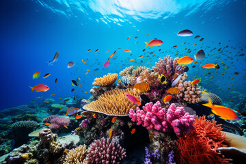 The vibrant colors of coral reefs teeming with marine life, symbolizing the love and creation of underwater ecosystems, love and creation