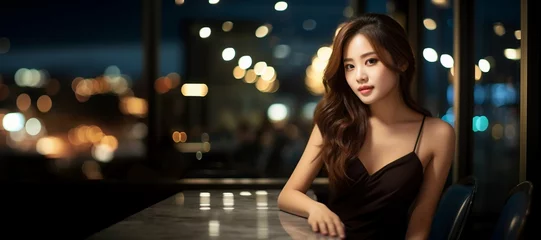 Fotobehang Seductive young Korean or Japanese asian woman in a date wearing a black dress, sitting in a restaurant terrace by night, professional dating photography, Horizontal format 9:4 © Clearmind