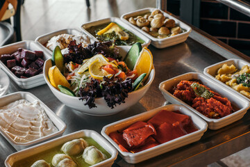 Luxury food in the restaurant. Barbecue,Grilled skewers on the grill. Grilled skewers on fireSalad on the table to serve. Dish on the table. Luxury food in the restaurant,