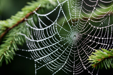 A close-up of a dew-covered spiderweb, highlighting the love and creation of intricate natural designs, love and creation
