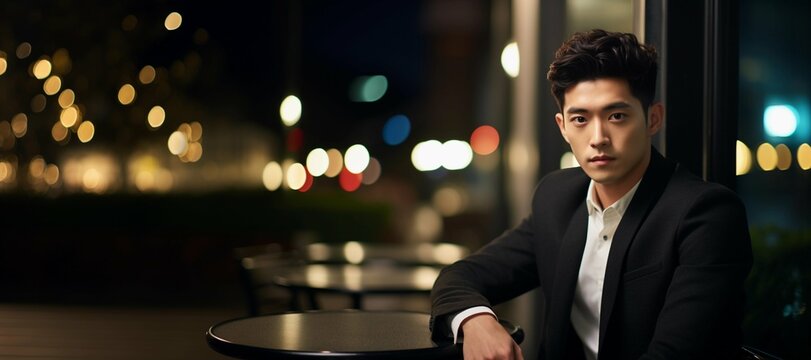 Seductive Korean or Japanese asian man in a date wearing an elegant suit, sitting in a restaurant terrace by night, professional dating photography, Horizontal format 9:4