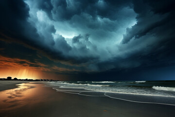 The calm before the storm as dark clouds gather over a tranquil beach, emphasizing the impending transformation of weather, love and creation