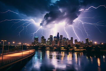 The ethereal beauty of a lightning storm over a cityscape, capturing the juxtaposition of urban and natural elements, love and creation