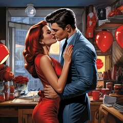 A Radiant Valentine’s Day Scene Capturing a Couple’s Intense Love in an Apartment, Enveloped in Bold Reds and Blues, Amid Heart Balloons in a Vivaciously Styled Ambiance