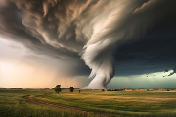A tornado's funnel cloud swirling amid an expansive prairie landscape, showcasing the grandeur of nature's power, love and creation