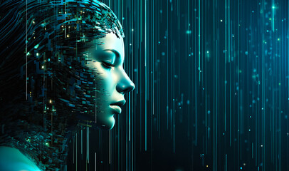 Woman face side view in artificial intelligence hologram against advanced AI technology background