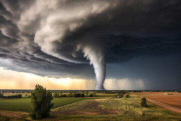 A tornado's funnel cloud twisting over a rural landscape, symbolizing the ever-changing nature of these meteorological phenomena, love and creation