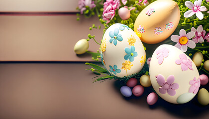 Fototapeta premium A charming Easter composition featuring colorful eggs and blooming flowers, with ample copyspace on the side