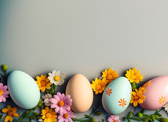 A charming Easter composition featuring colorful eggs and blooming flowers, with ample copyspace on the side