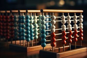 A wooden abacus placed on a wooden table. Suitable for educational concepts and math-related designs.