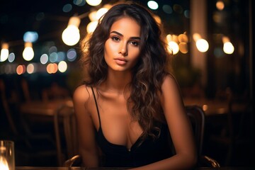 Seductive and feminine Hispanic latina woman in a date wearing an sexy black dress, sitting in a restaurant terrace by night, professional dating app photography, Horizontal format 3:2 - obrazy, fototapety, plakaty