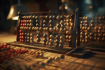 A wooden abacus sitting on top of a wooden table. This picture can be used to represent concepts such as education, mathematics, counting, and problem-solving. - obrazy, fototapety, plakaty