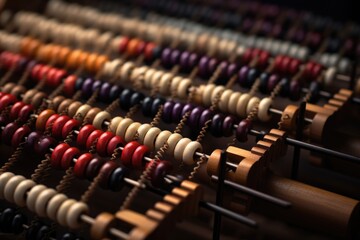 A close-up view of a colorful abacus, a traditional counting tool. This versatile image can be used to illustrate mathematics concepts, education, learning, childhood, or problem-solving. - obrazy, fototapety, plakaty
